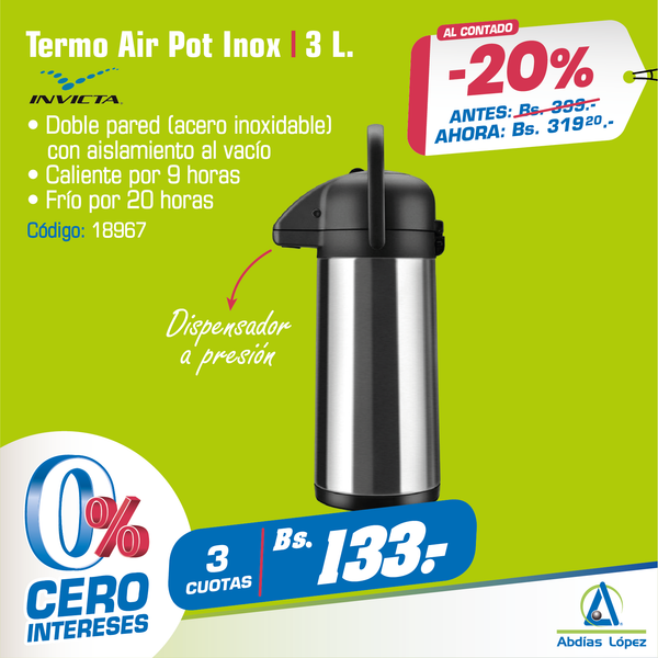 Botella Térmica Air Pot Inox Irrompible 3L