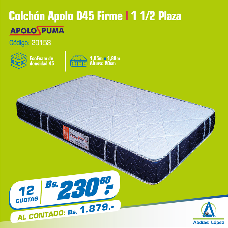Colchón Apolo D45 - Plaza y media 105x188x20 cm)