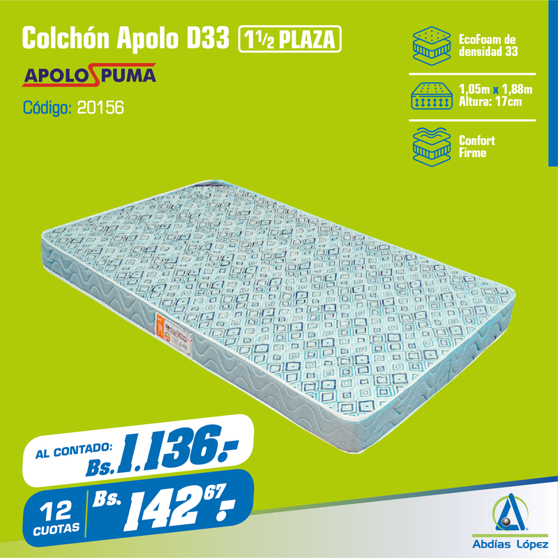 Colchón Apolo D33 - Plaza y media (105x188x17 cm)