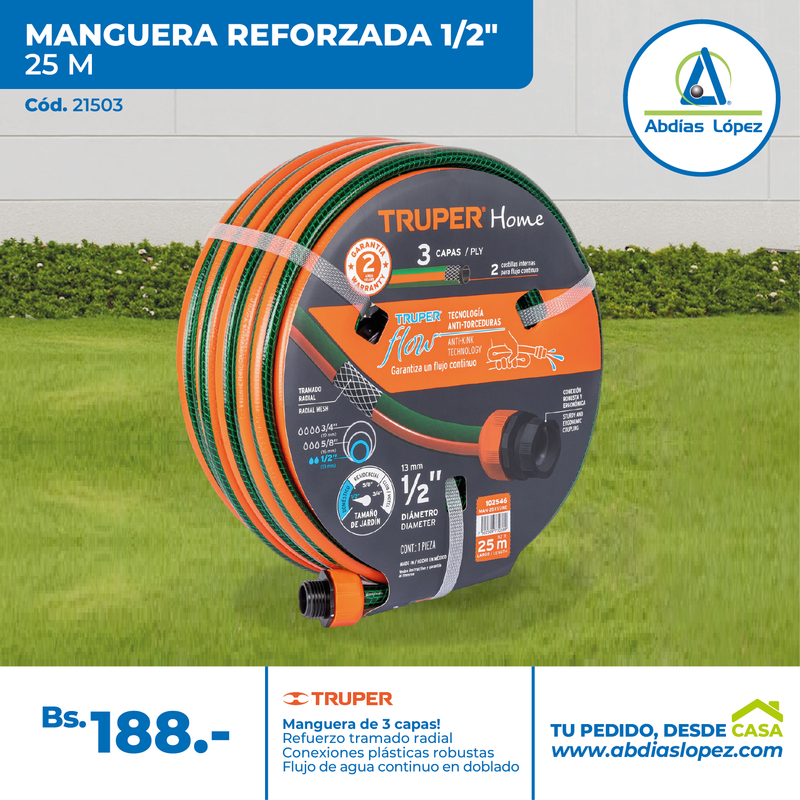 Manguera 1/2" reforzada 3 capas 25 m conexiones plásticas