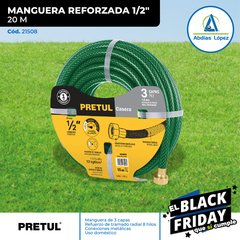 Manguera Reforzada de 1/2" de 20 metros | Uso Doméstico