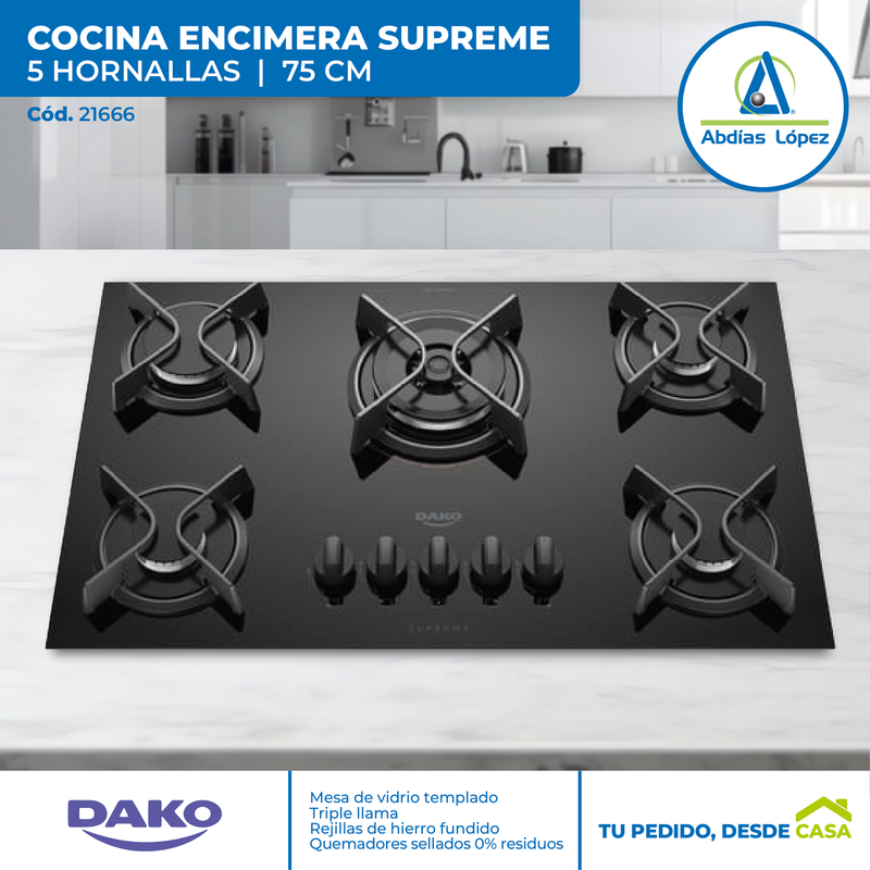 Cocina Encimera de 5 Hornallas Supreme Negra